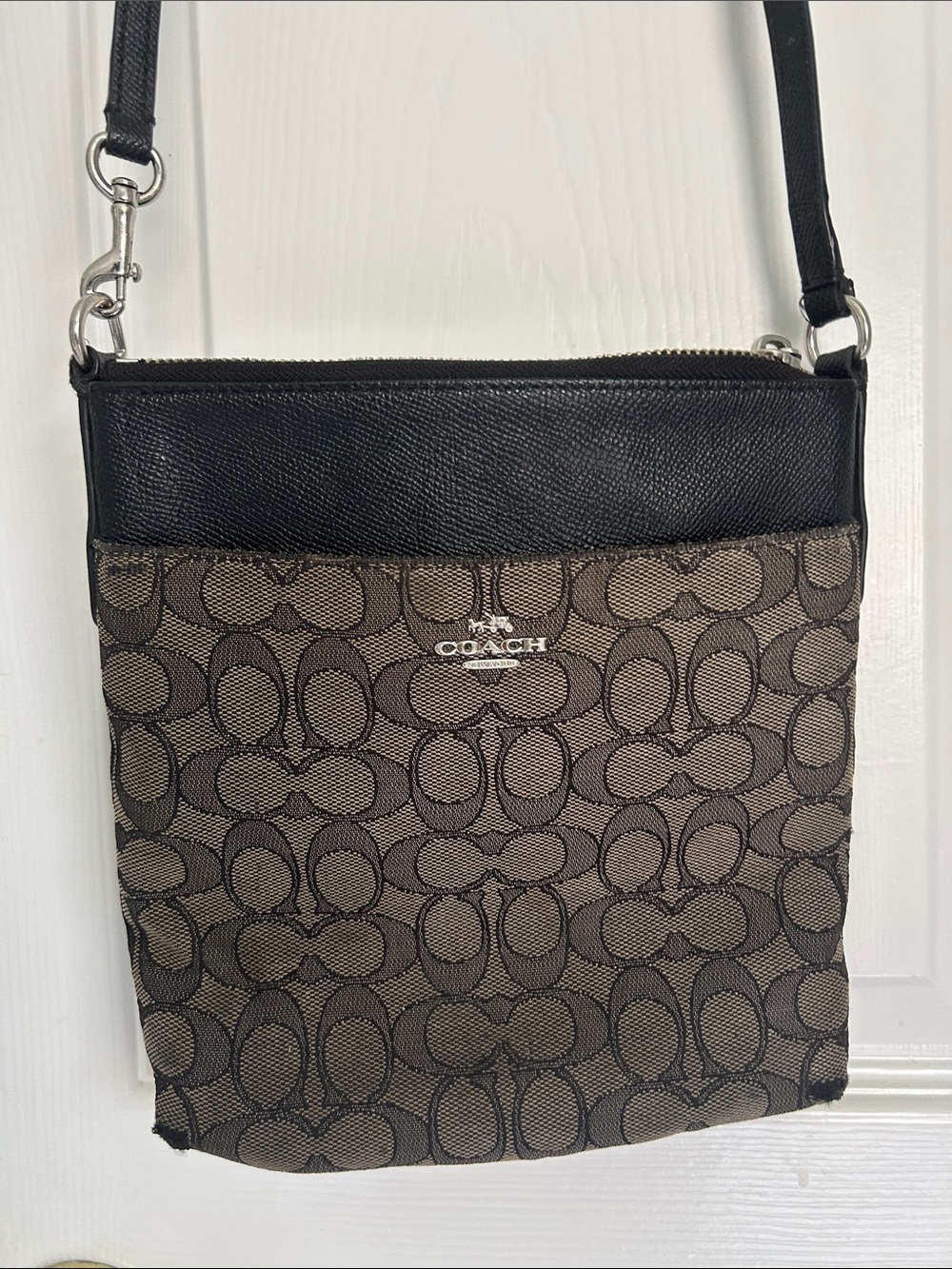 Coach Brown Signature Canvas Crossbody with Black Trim